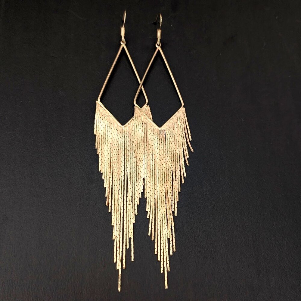 Long, shiny gold tone thin shimmery chain earrings